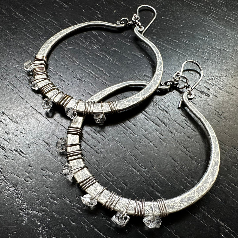 TWISTED Torque Earring, Sterling Silver with Herkimer Diamonds