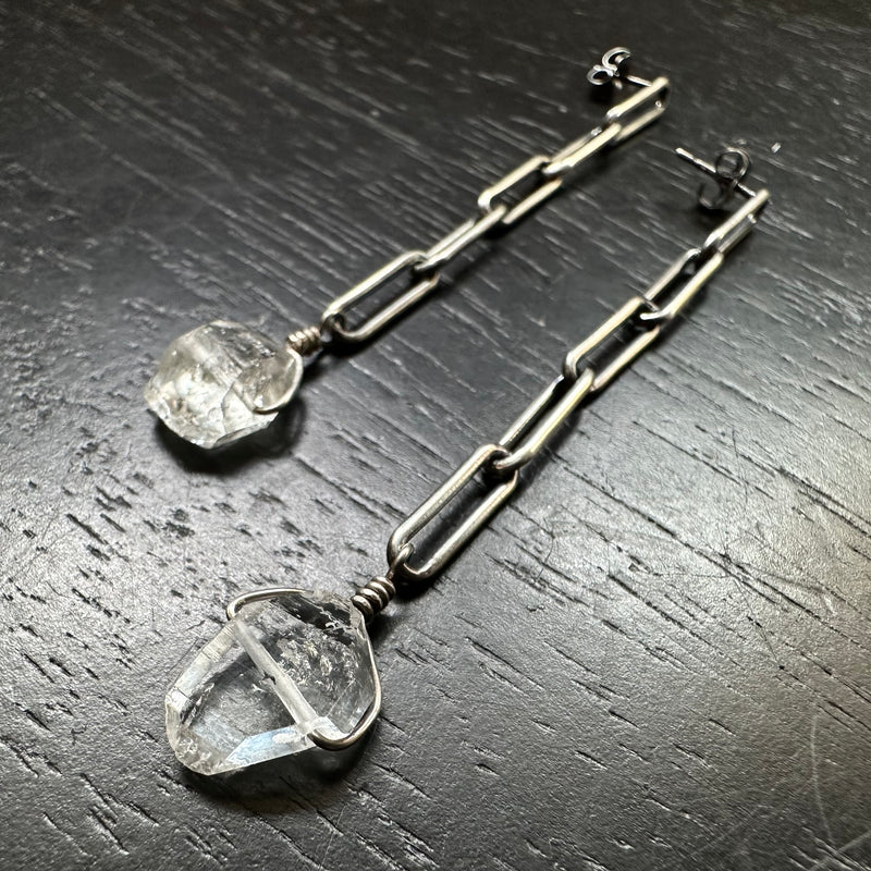 Comet Earrings: Sterling Silver Chain with Raw Herkimer Diamonds