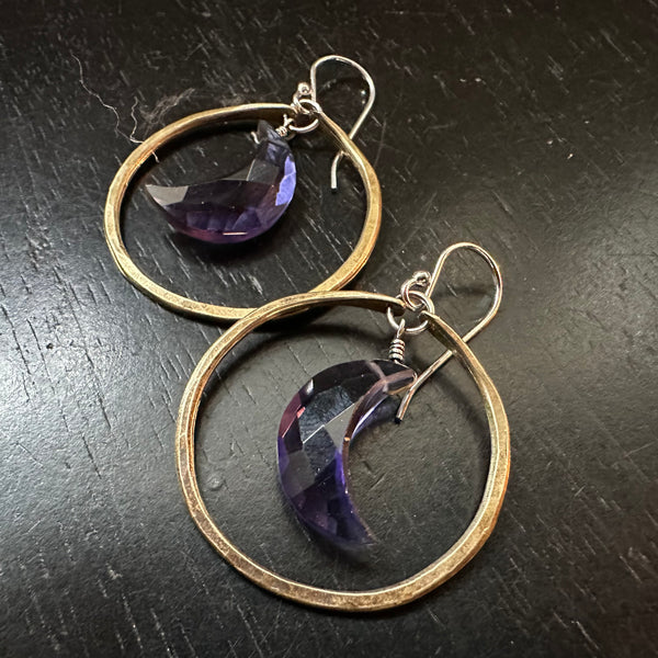 Amethyst Crescent Moon Earrings in Small Brass Hoops