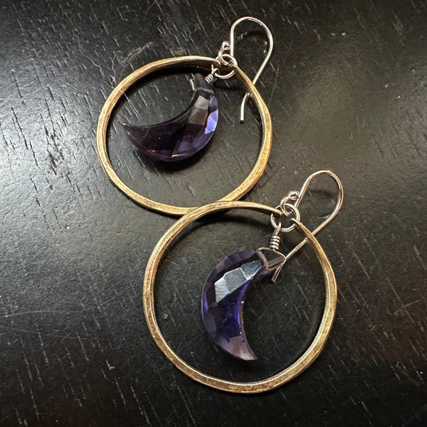 Amethyst Crescent Moon Earrings in Small Brass Hoops