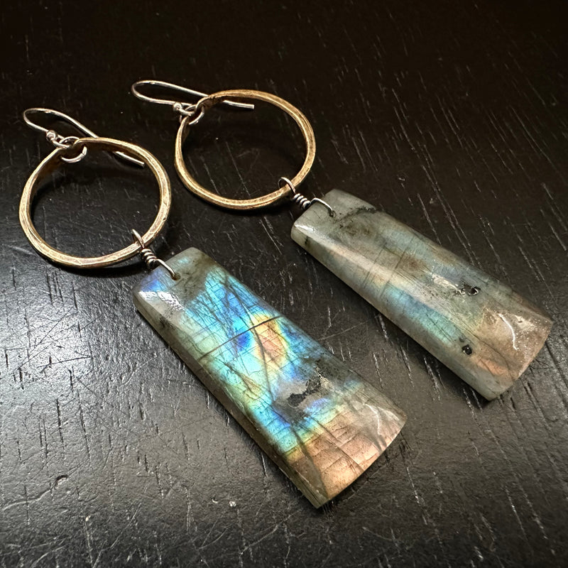 Rainbow Labradorite Rectangles with Tiny Brass Hoops #5