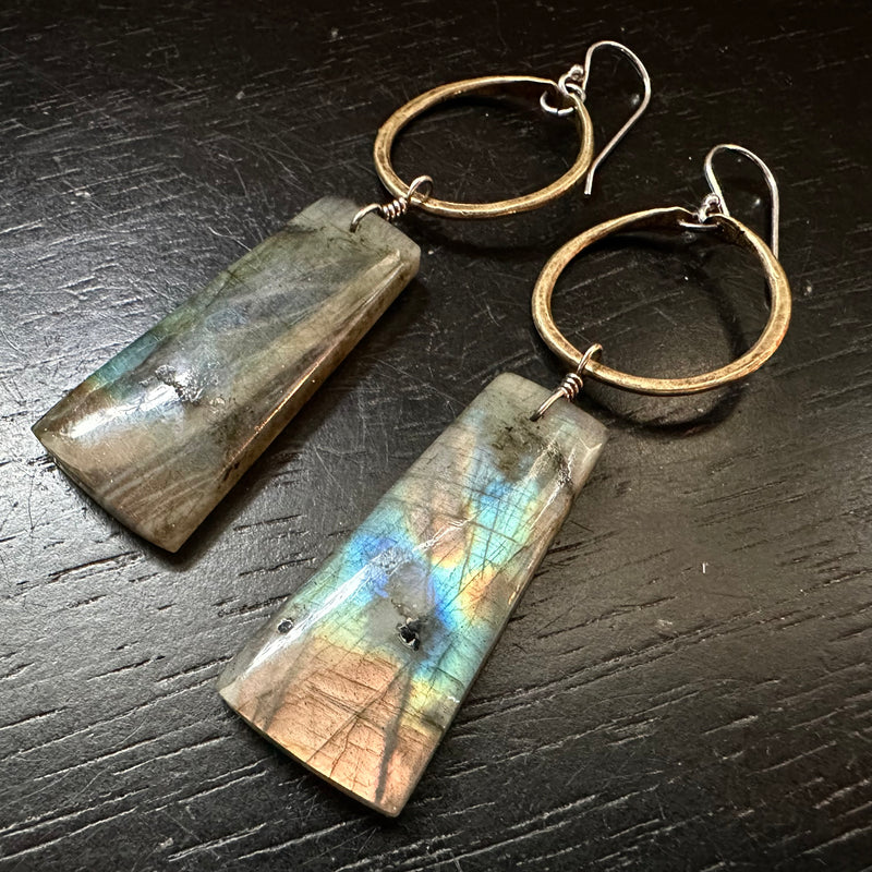 Rainbow Labradorite Rectangles with Tiny Brass Hoops #5