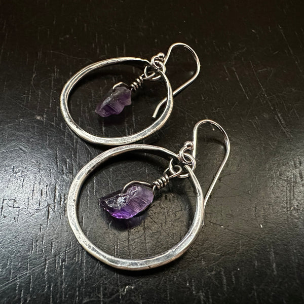 Amethyst Earrings in Tiny Silver Hoops