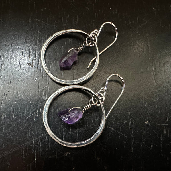 Amethyst Earrings in Tiny Silver Hoops