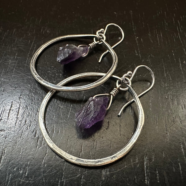 Small Amethyst Silver Hoops