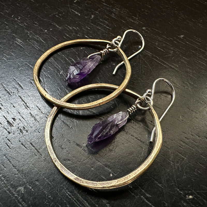 Small Amethyst Brass Hoops