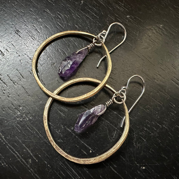 Small Amethyst Brass Hoops