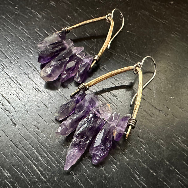 Amethyst Cluster Earrings with Angled Brass Bails