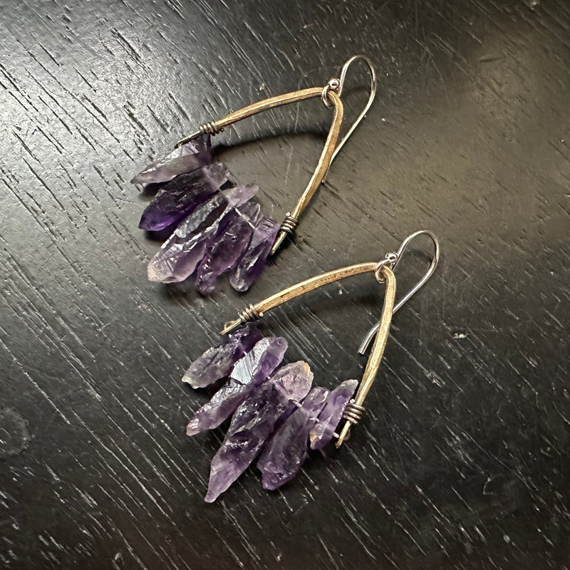 Amethyst Cluster Earrings with Angled Brass Bails