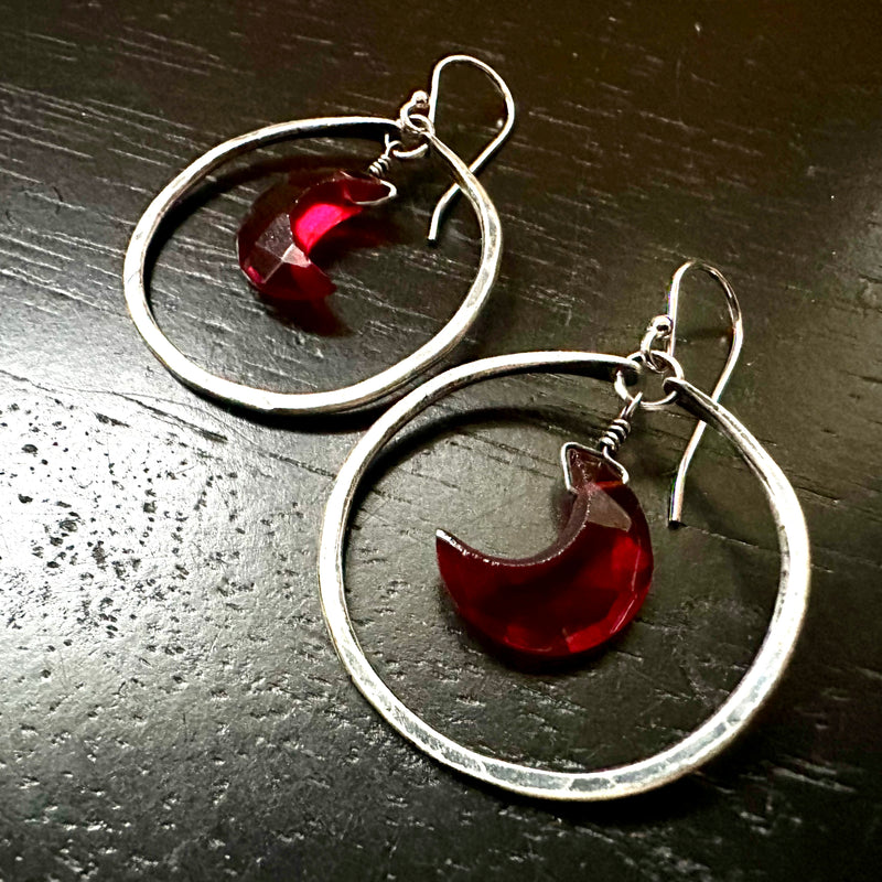 Small Silver Hoop Earrings with Faceted Garnet Crescent Moons