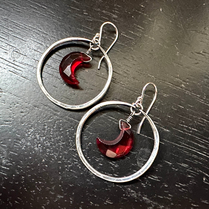 Small Silver Hoop Earrings with Faceted Garnet Crescent Moons