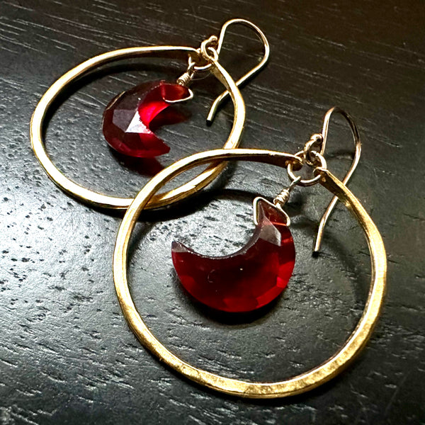 Faceted Crescent Garnet Moons in Small 24K Gold Hoops