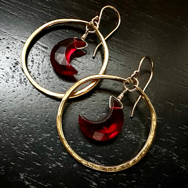 Faceted Crescent Garnet Moons in Small 24K Gold Hoops