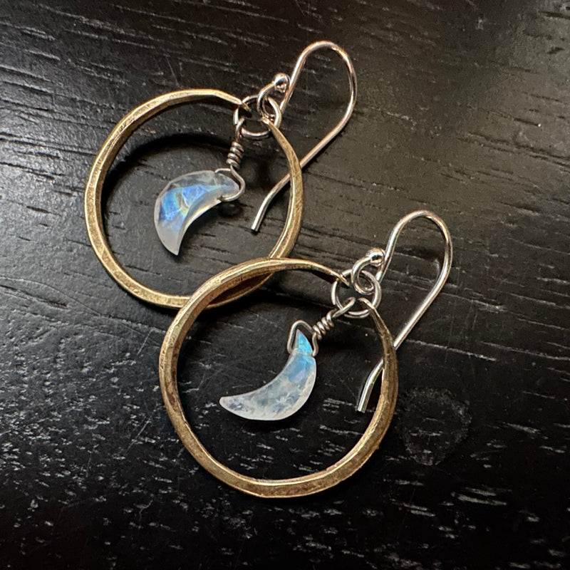 Moonstone Crescent Moons in Tiny Brass Hoops