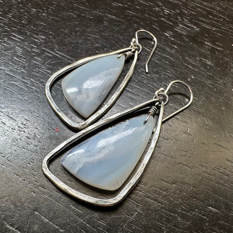 NEW! #2 "BLUE LACE" AGATES, SMALL SILVER CONTOURED WINGS! OOAK #2