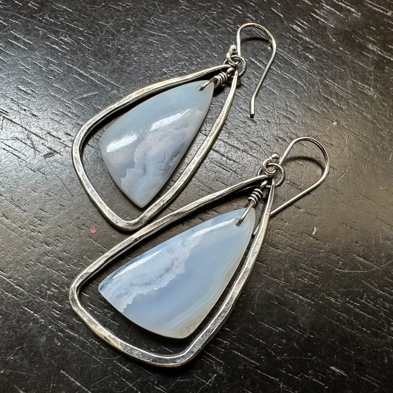 NEW! #2 "BLUE LACE" AGATES, SMALL SILVER CONTOURED WINGS! OOAK #2