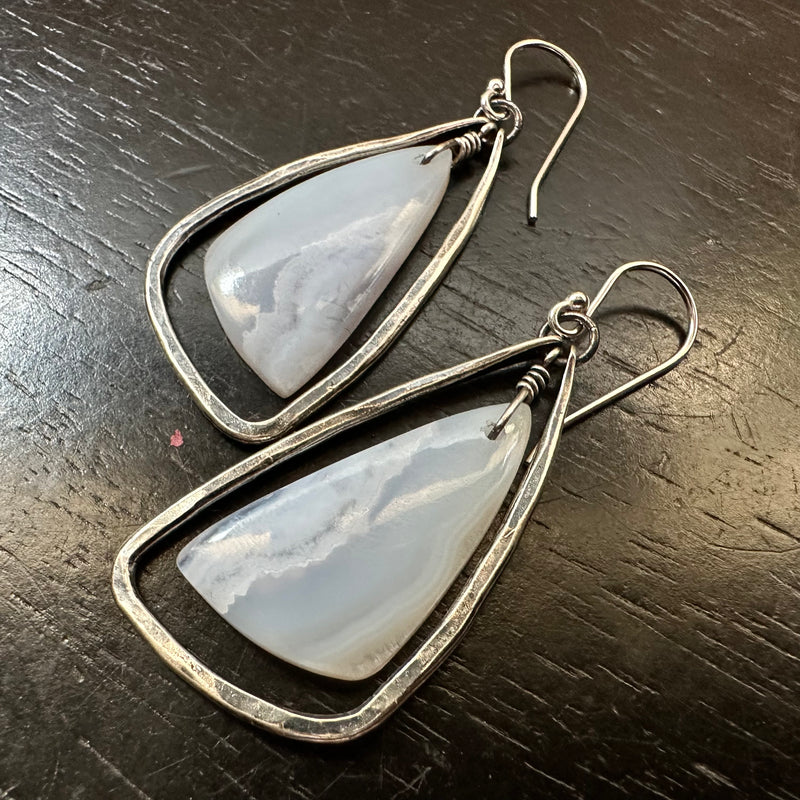 NEW! #2 "BLUE LACE" AGATES, SMALL SILVER CONTOURED WINGS! OOAK #2