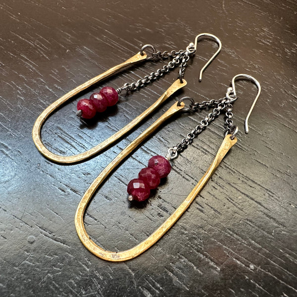 HESTIA EARRINGS: SMALL BRASS with RUBY (JULY BIRTHSTONE) Faceted Crystals!