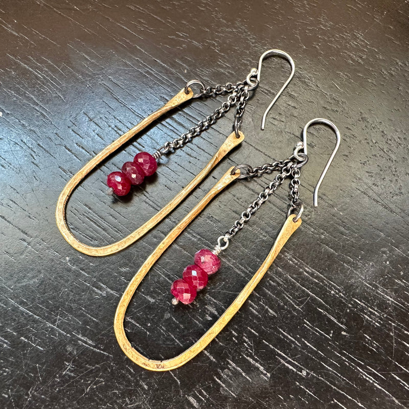 HESTIA EARRINGS: SMALL BRASS with RUBY (JULY BIRTHSTONE) Faceted Crystals!