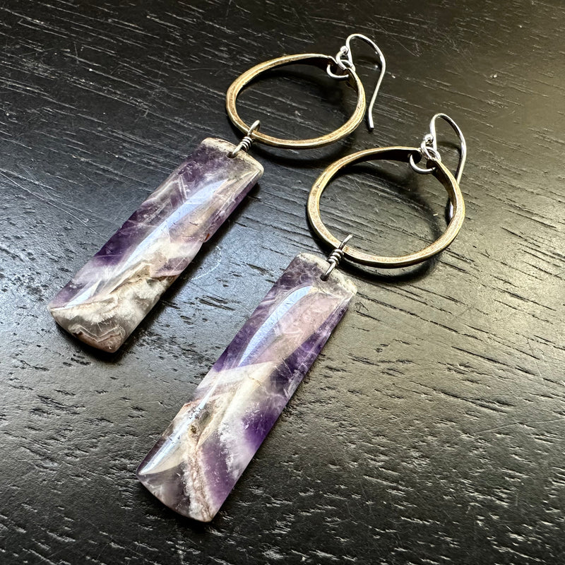 #1 Bookmatched Amethyst Rectdangles in Tiny Brass Hoops OOAK #1