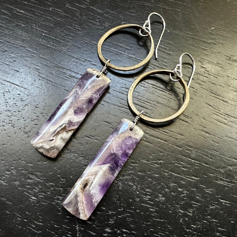 #1 Bookmatched Amethyst Rectdangles in Tiny Brass Hoops OOAK #1