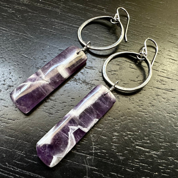 #2 Bookmatched Amethyst Rectdangles in Tiny SILVER Hoops OOAK #2