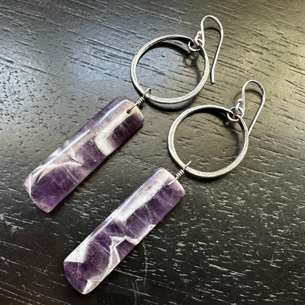 #2 Bookmatched Amethyst Rectdangles in Tiny SILVER Hoops OOAK #2