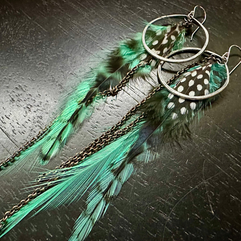 2025 FEATHERS! #1 SMALL Silver Hoops, BRIGHT TEAL Base/Mid, Polka Dot Accents, Brass Chains! OOAK#1