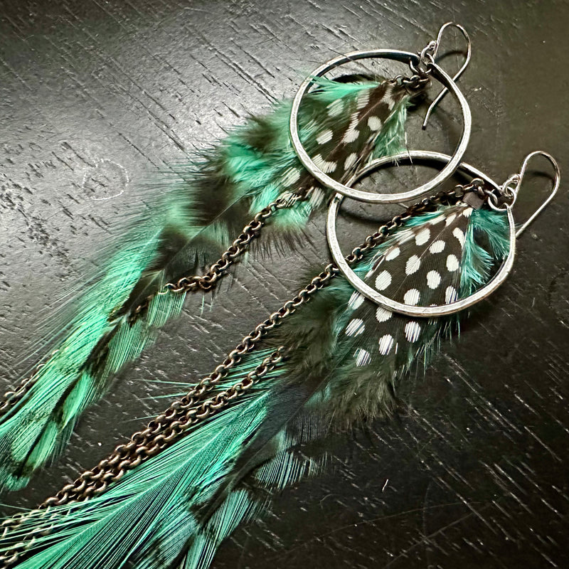 2025 FEATHERS! #1 SMALL Silver Hoops, BRIGHT TEAL Base/Mid, Polka Dot Accents, Brass Chains! OOAK#1