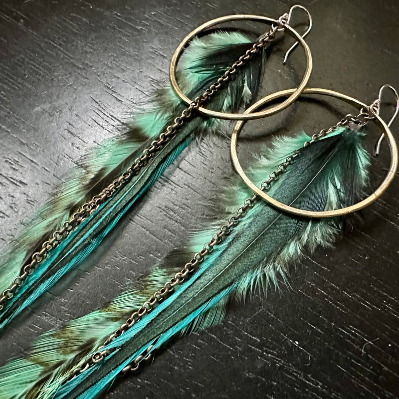 2025 FEATHERS! #3 MEDIUM Brass Hoops, LIGHT TEAL/GREEN Striped Base, Fluffy accents, Brass Chains! OOAK#3