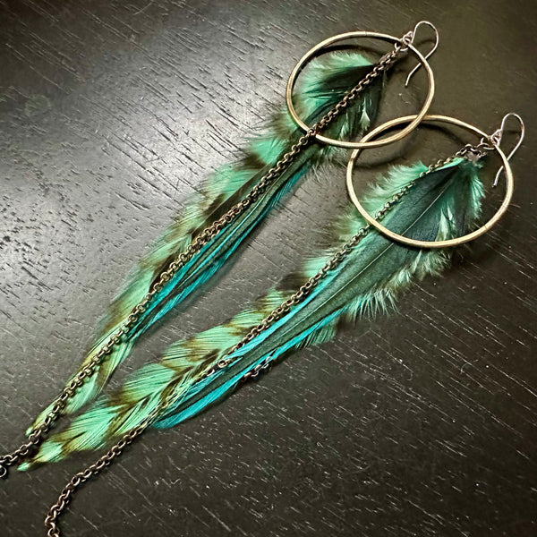 2025 FEATHERS! #3 MEDIUM Brass Hoops, LIGHT TEAL/GREEN Striped Base, Fluffy accents, Brass Chains! OOAK#3