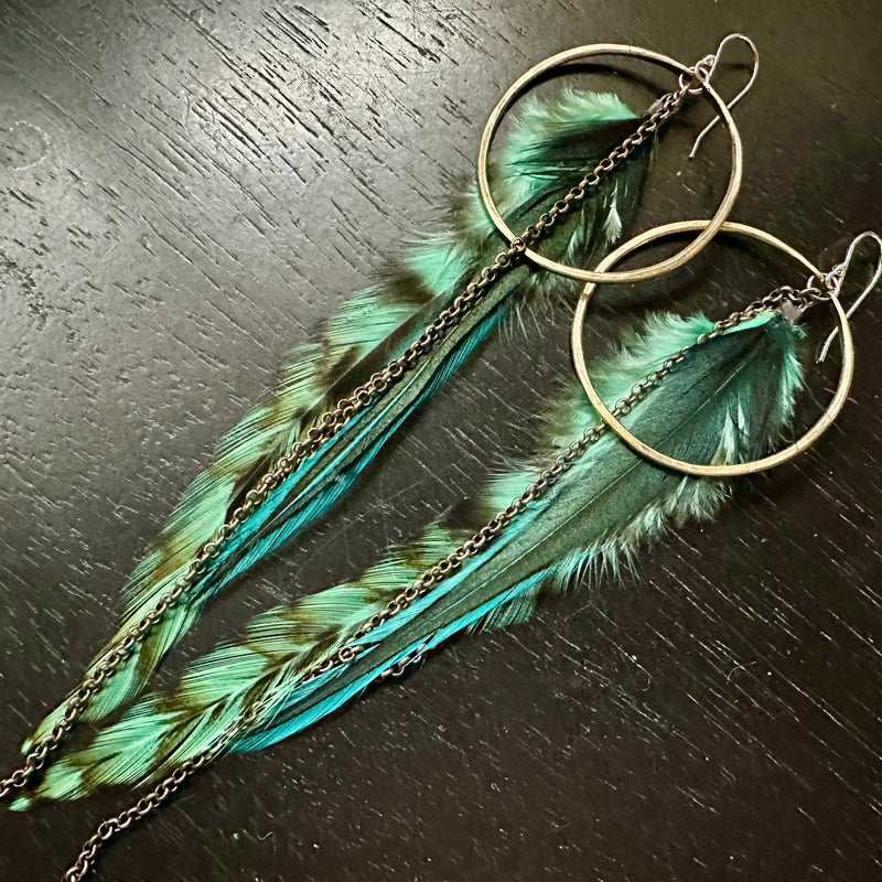 2025 FEATHERS! #3 MEDIUM Brass Hoops, LIGHT TEAL/GREEN Striped Base, Fluffy accents, Brass Chains! OOAK#3