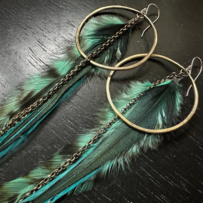 2025 FEATHERS! #3 MEDIUM Brass Hoops, LIGHT TEAL/GREEN Striped Base, Fluffy accents, Brass Chains! OOAK#3