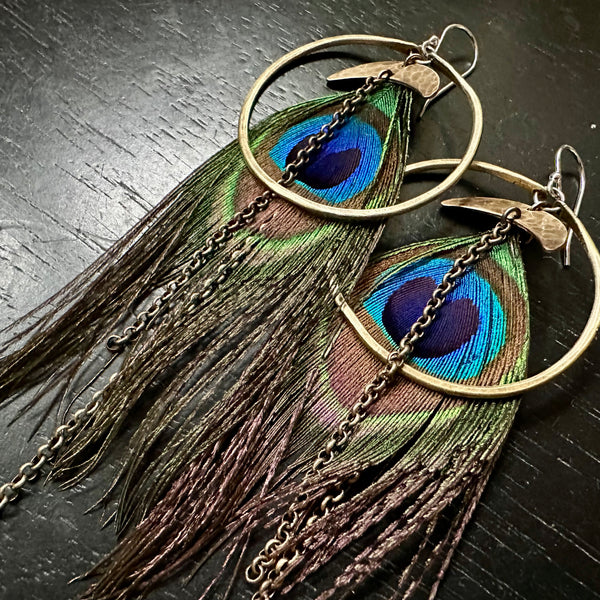 Hera Goddess Feather Earrings with Medium Brass Hoops