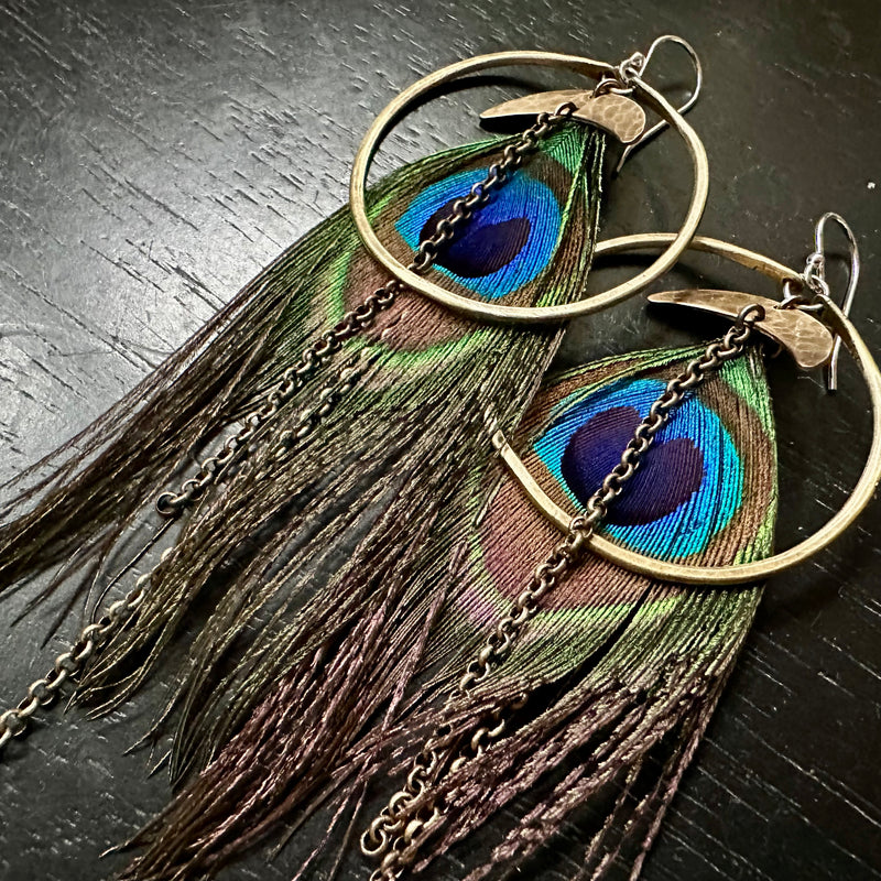 Hera Goddess Feather Earrings with Medium Brass Hoops