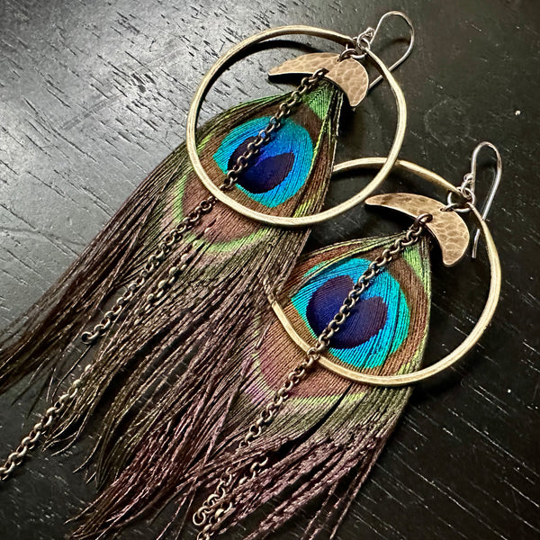 Hera Goddess Feather Earrings with Medium Brass Hoops