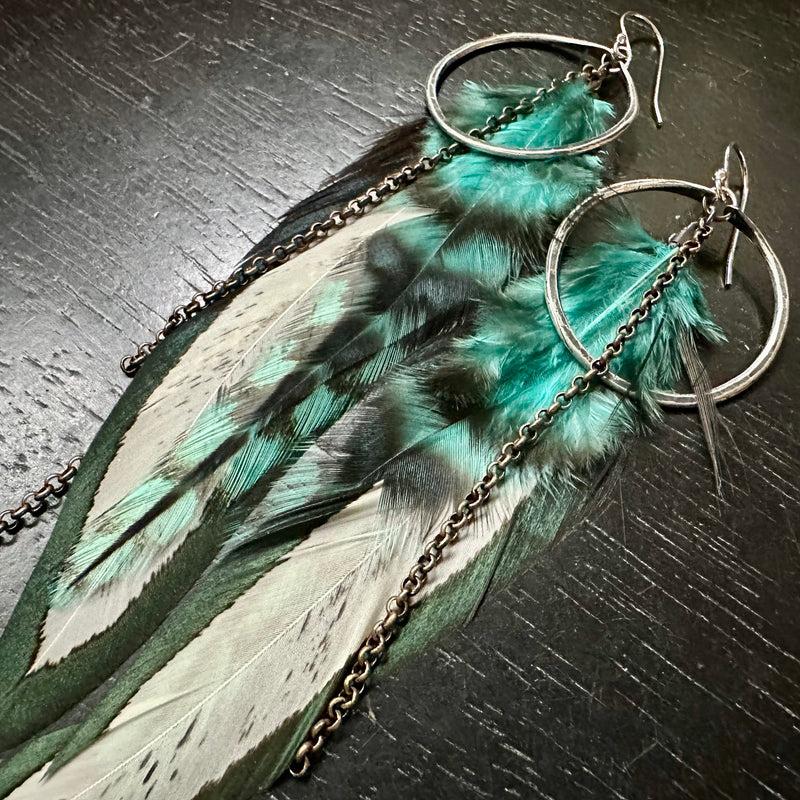 2025 FEATHERS! #2 SMALL Silver Hoops, BLACK/ WHITE Base, Fluffy Teal Accents, Brass Chains! OOAK#2