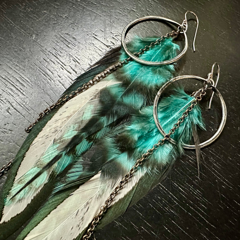 2025 FEATHERS! #2 SMALL Silver Hoops, BLACK/ WHITE Base, Fluffy Teal Accents, Brass Chains! OOAK#2