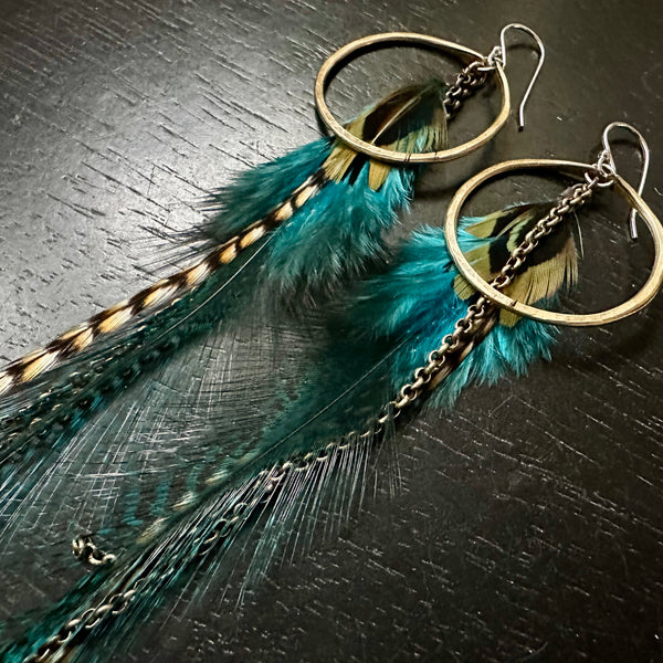 2025 FEATHERS! #4 SMALL Brass Hoops, BRIGHT BLUE Fluffy Base, Striped accents, Brass Chains! OOAK#3