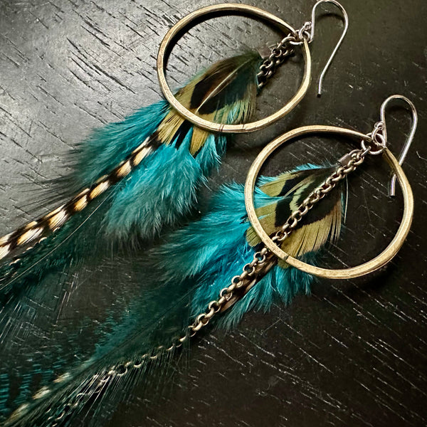 2025 FEATHERS! #4 SMALL Brass Hoops, BRIGHT BLUE Fluffy Base, Striped accents, Brass Chains! OOAK#3