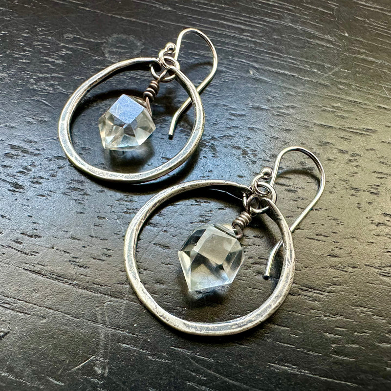 Faceted Herkimer Diamonds in Tiny Silver Hoops