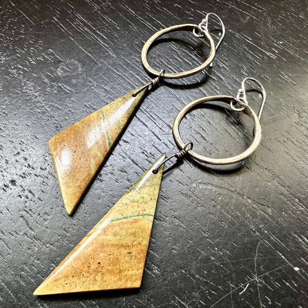 LIMITED BATCH! #1 Yellow-dom BLOODSTONE TRIANGULAR dangles Tiny Brass Hoops OOAK #1