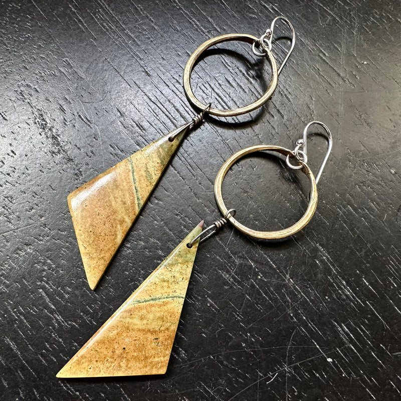 LIMITED BATCH! #1 Yellow-dom BLOODSTONE TRIANGULAR dangles Tiny Brass Hoops OOAK #1