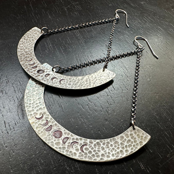 Phased Mezzaluna Earrings, Thin Silver Blade, Sterling Silver Chains