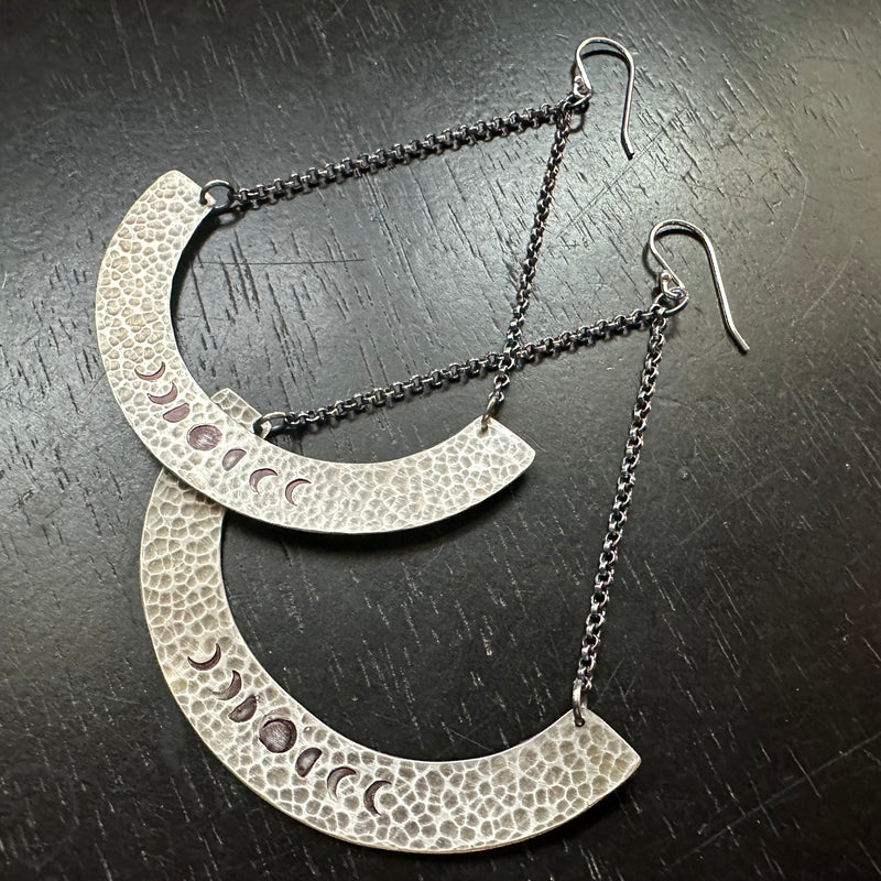 Phased Mezzaluna Earrings, Thin Silver Blade, Sterling Silver Chains