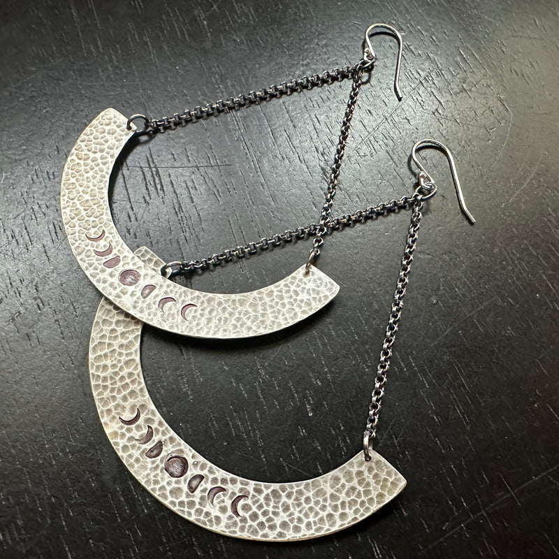 Phased Mezzaluna Earrings with Silver Blade and Chains