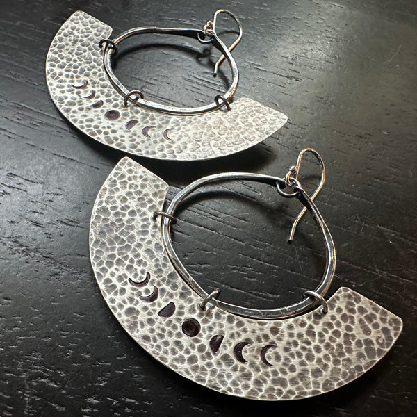 Phased Mezzaluna Earrings, Thick Silver Blade, Small Silver Hoop