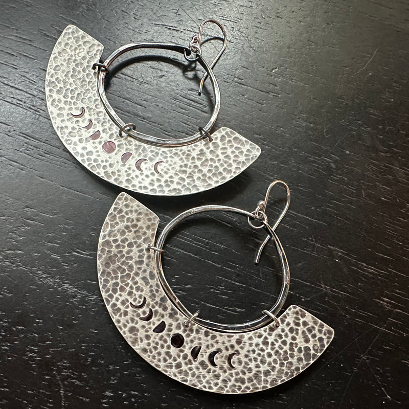 Phased Mezzaluna Earrings, Thick Silver Blade, Small Silver Hoop