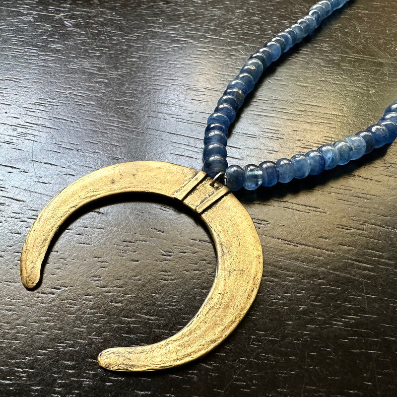 LAST ONE! Moon Tusk (Brass) Pendant with KYANITE POLISHED BEADS!