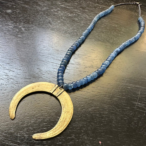 ONLY 1 AVAILABLE! Moon Tusk Pendant (Brass) with KYANITE POLISHED BEADS! OOAK!
